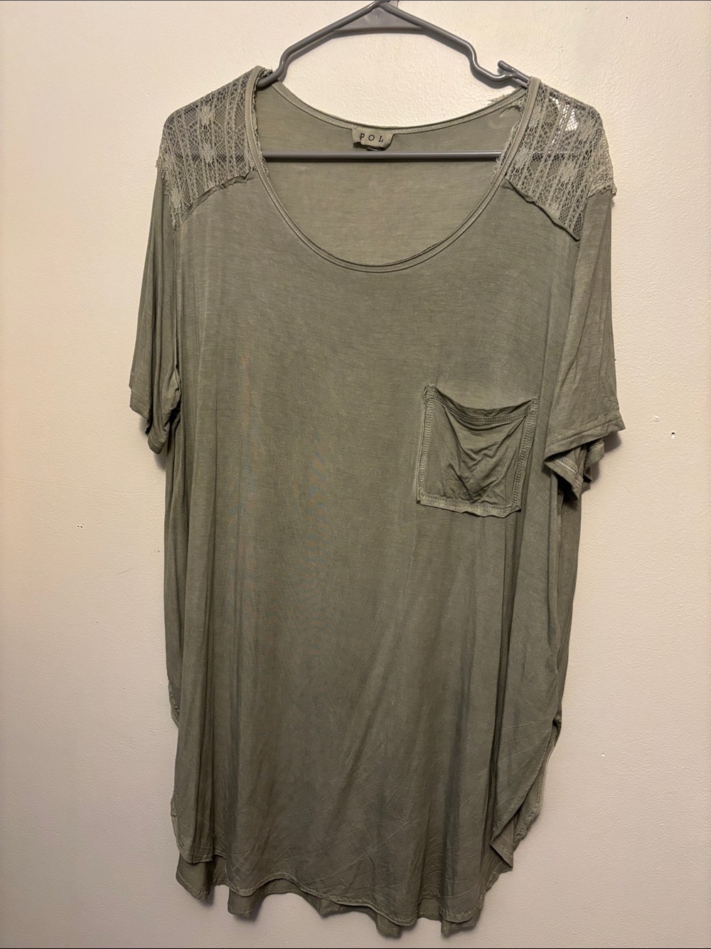 POL Olive Green Scoop Neck Short Sleeve Top with Lace Shoulders
